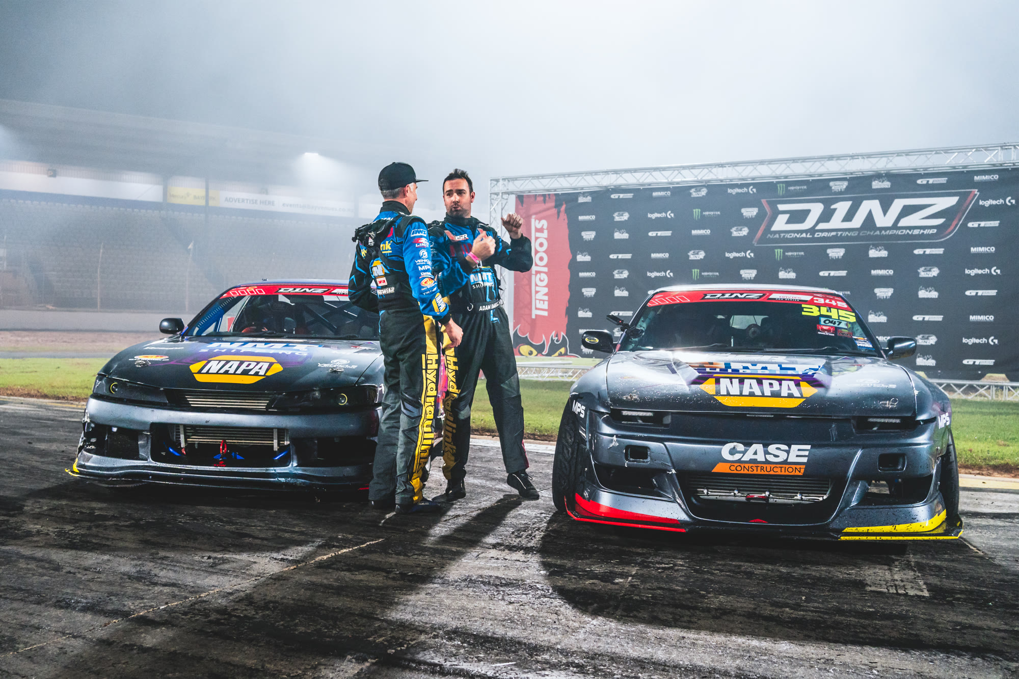 Dave Steedman and Adam Davies after the 2026 D1NZ Grand Final at Mercury Baypark